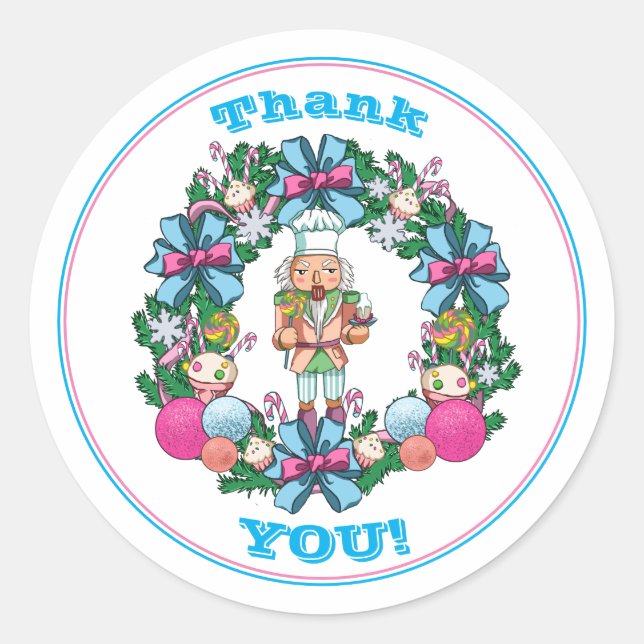 Pink Blue Christmas Christmas Nutcracker Thank You Classic Round Sticker (Front)