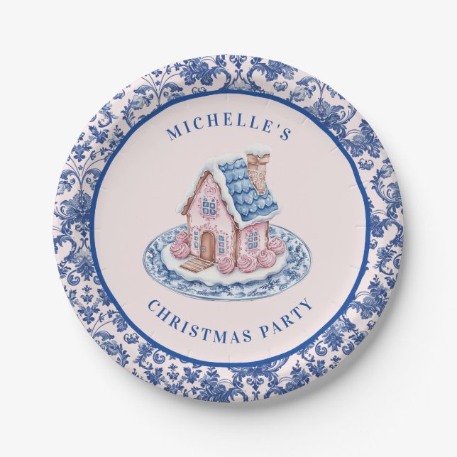 Pink & Blue Christmas Gingerbread W/ Damask Border Paper Plate (Front)