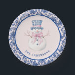 Pink & Blue Christmas Snowman W/ Damask Border Paper Plate<br><div class="desc">This Christmas design has a preppy grandmillennial design featuring a Snowman in a blue and white Chinoiserie pot on a blush pink background with a navy blue damask border around the edge.</div>