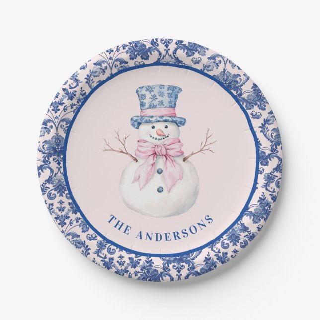 Pink & Blue Christmas Snowman W/ Damask Border Paper Plate (Front)
