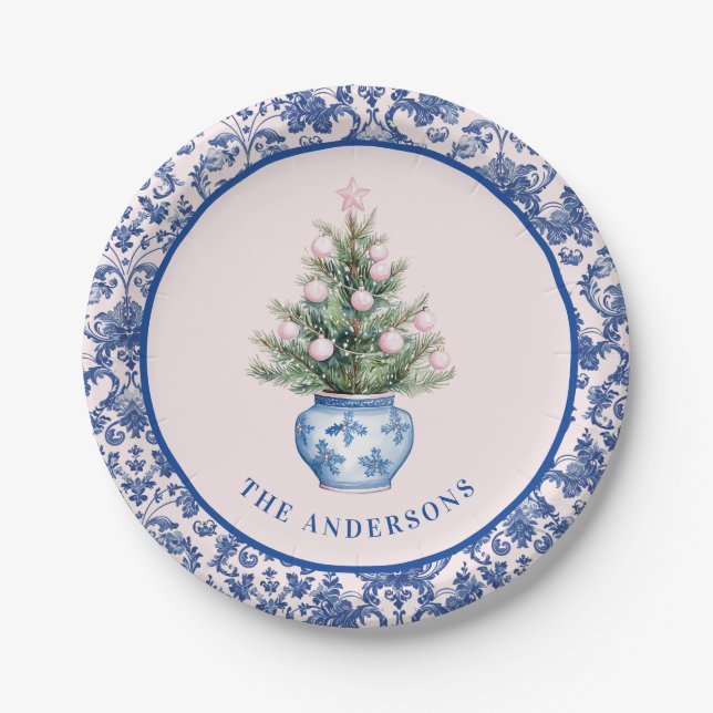 Pink & Blue Christmas Tree W/ Damask Border Paper Plate (Front)