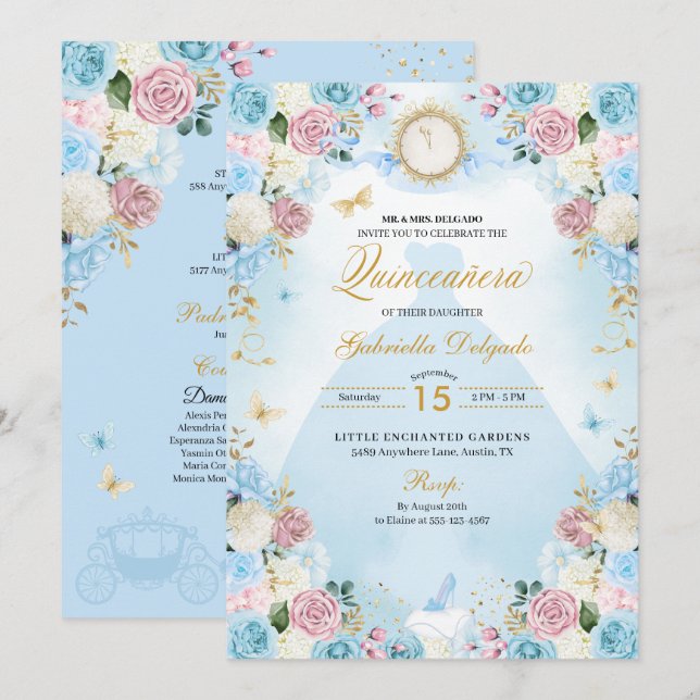 Pink & Blue Cinderella Princess Dress Quinceanera Invitation (Front/Back)