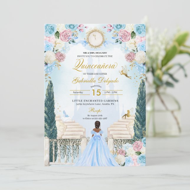 Pink & Blue Cinderella Princess Fairy Quinceanera Invitation (Standing Front)
