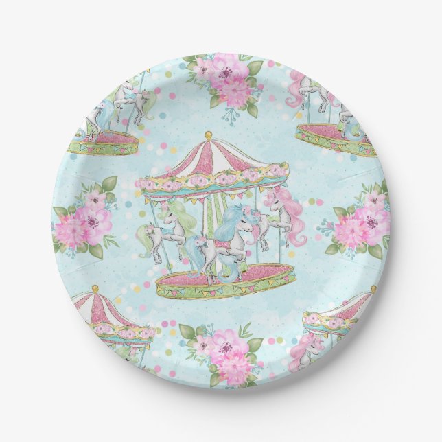 Pink Blue Circus Carousel Pony Paper Plate (Front)