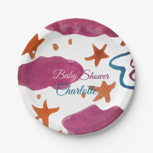 Pink blue clouds baby shower add name watercolor s paper plate
