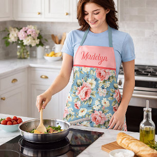 Pink Blue Cottage Garden Flowers Custom Name Apron
