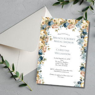 Pink Blue Cream Floral Brunch Bubbly Bridal Shower Invitation