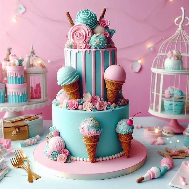 PINK & BLUE CREAM THEMED KIDS BIRTHDAY CAKE CARD (Creator Uploaded)