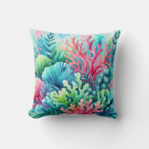 Pink Blue Cute Coral Reef Beachy Coastal Nautical Throw Pillow