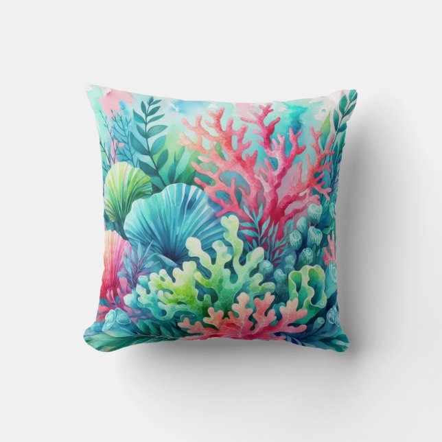 Pink Blue Cute Coral Reef Beachy Coastal Nautical Throw Pillow (Front)