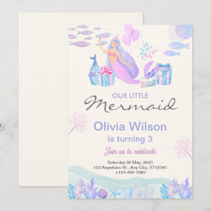 Pink Blue Cute Mermaid Under The Sea Baby Shower Invitation