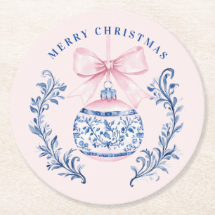 Pink & Blue Damask Crest Christmas Ornament Round Paper Coaster