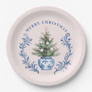 Pink & Blue Damask Crest Christmas Tree Paper Plate