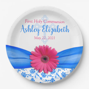 Pink Blue Damask Daisy First Communion Paper Plate