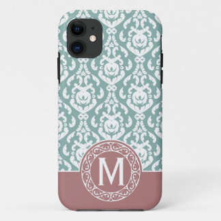 Pink Blue Damask Monogram iPhone 11 Case