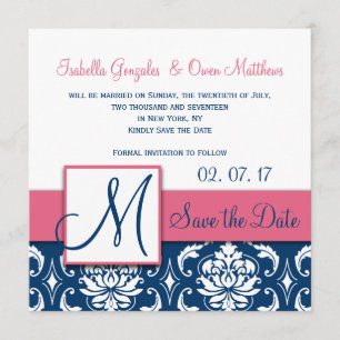 Pink Blue Damask Monogram Save the Date Card