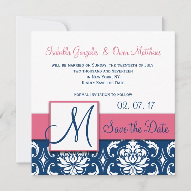Pink Blue Damask Monogram Save the Date Card (Front)