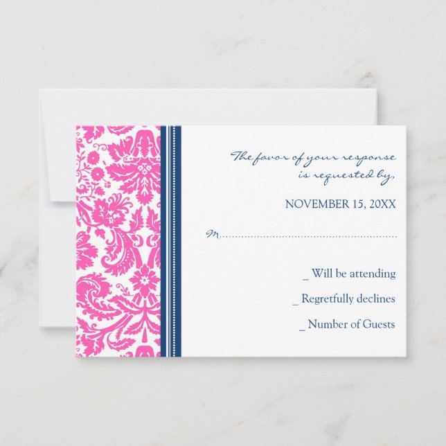 Pink Blue Damask RSVP Wedding Card (Front)