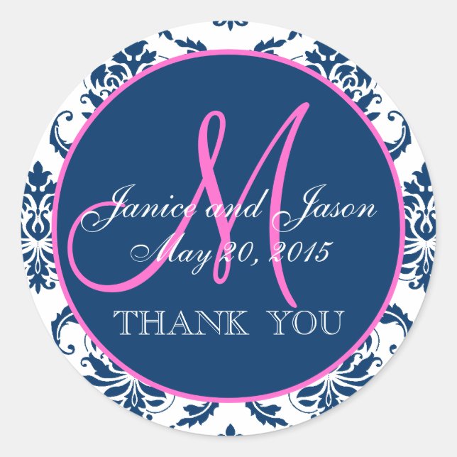 Pink, Blue Damask Wedding Favour Thank You Classic Round Sticker (Front)