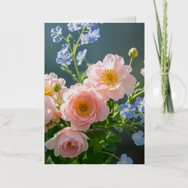Pink Blue delicate flowers  Foil Greeting Card (Front)