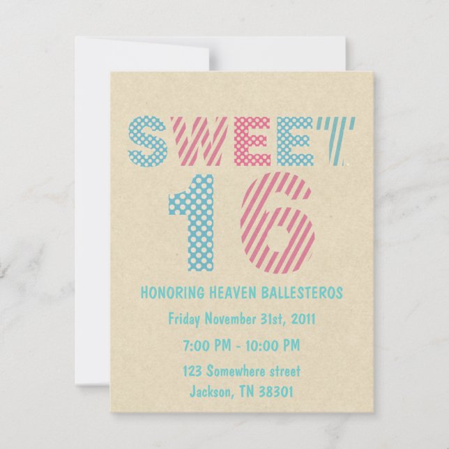 Pink & Blue Design Sweet Sixteen Invites (Front)