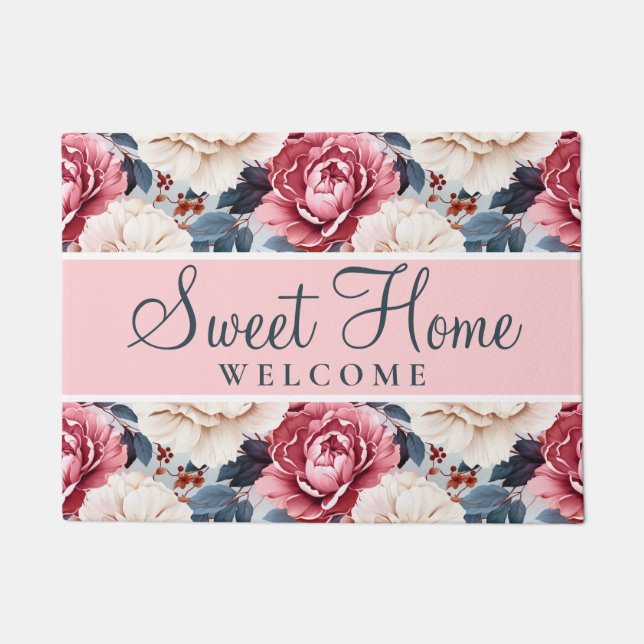 Pink Blue Elegant floral Pattern Blush Doormat (Front)