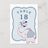 Pink & Blue Elephant Baby Shower Table Number Card