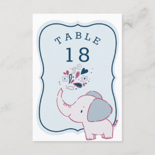 Pink & Blue Elephant Baby Shower Table Number Card