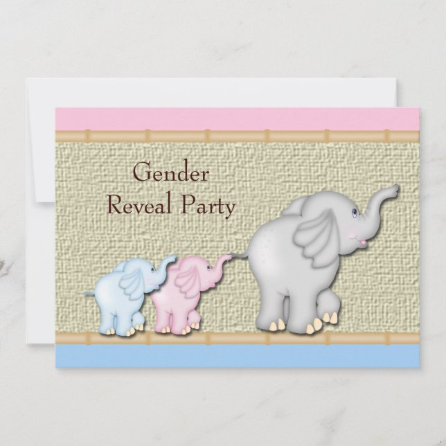 Pink Blue Elephant Gender Reveal Party Invitations (Front)
