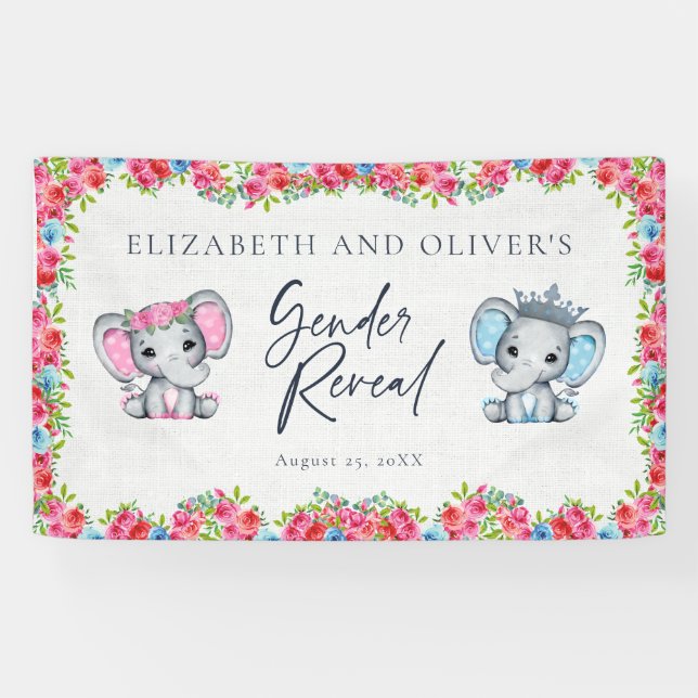 Pink & Blue Elephant Roses Gender Reveal  Banner (Horizontal)
