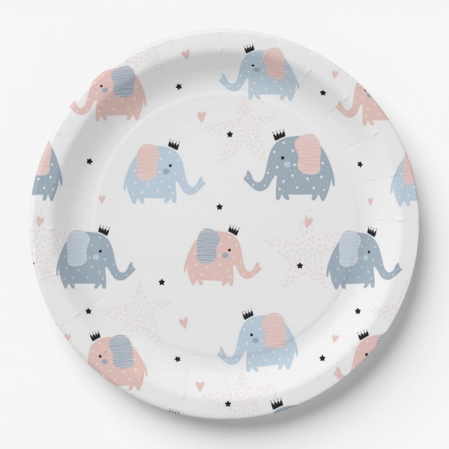 Pink Blue Elephants Crowns Girl Boy Baby Shower Paper Plate (Front)