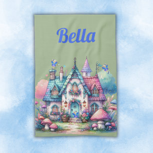 Pink & Blue Fairy Cottage Core Monogram on Green   Kitchen Towel