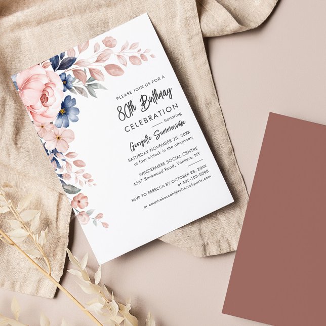 Pink Blue Floral 80th Birthday Party Invitation (Pink Floral 80th Birthday Party Invitation)