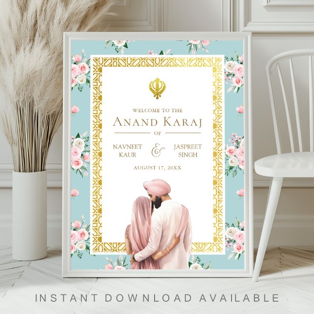Pink Blue Floral Anand Karaj Wedding Welcome Sign (Creator Uploaded)