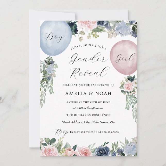 Pink Blue Floral Balloon Gender Reveal  Invitation (Front)