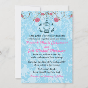 Pink & Blue Floral Birdcage Wedding Invitation