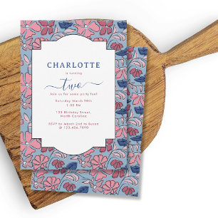 Pink Blue Floral Block Print Girl Birthday Party Invitation