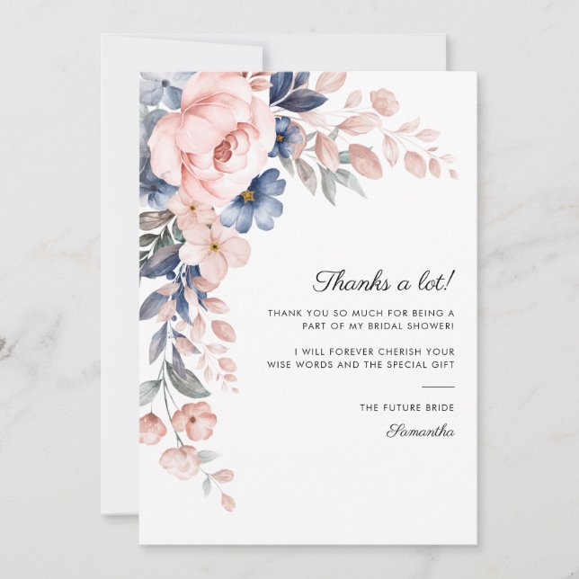 Pink Blue Floral Bloom Script Bridal Shower Thank You Card (Front)