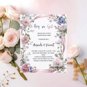 Pink blue floral boy girl gender reveal invitation