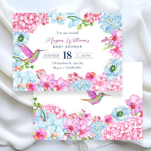 Pink blue floral branch with bird baby shower invitation