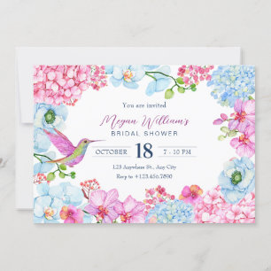 Pink blue floral branch with bird bridal shower invitation