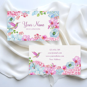 Pink blue floral branch with bird business card