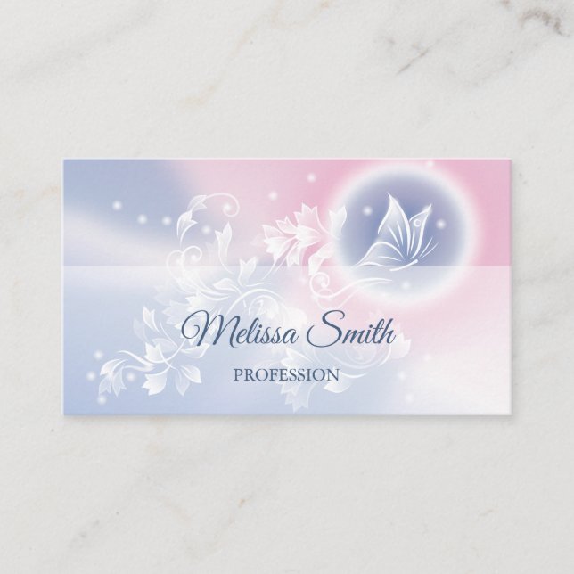 Pink Blue Floral Butterfly Business Card (Front)