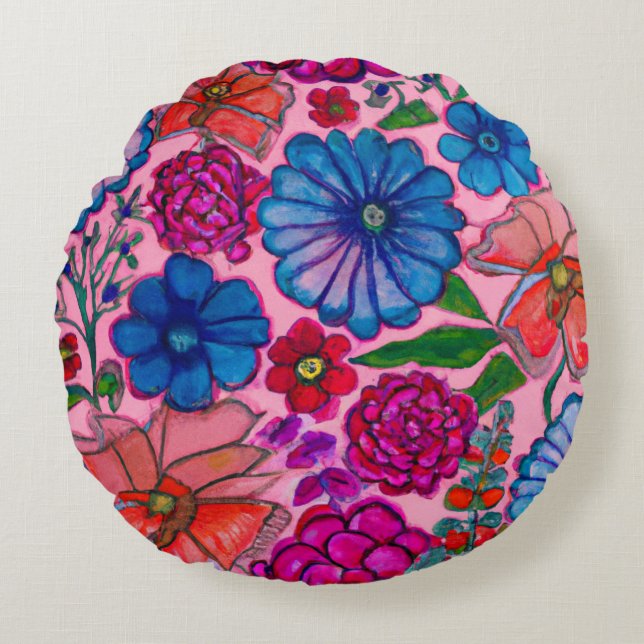 Pink & Blue Floral Design Round Pillow (Front)