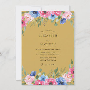 Pink Blue Floral Flourish Wedding Invitation