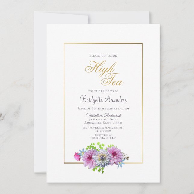 Pink Blue Floral Gold Bridal Shower High Tea Invitation (Front)