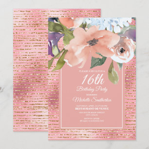 Pink Blue Floral Gold Glitter Girl's 16th Birthday Card