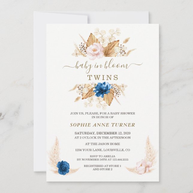 Pink blue Floral Pampas Grass Baby in Bloom  Invitation (Front)
