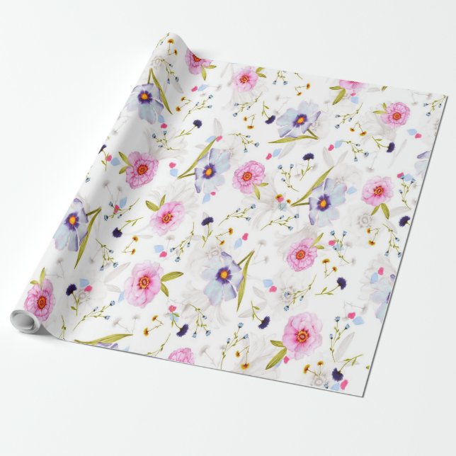 Pink, Blue Floral Pattern     Wrapping Paper (Unrolled)