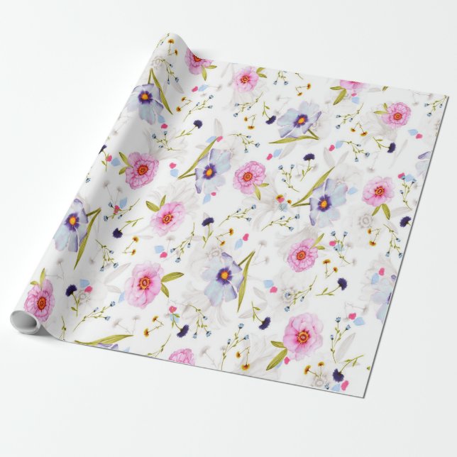 Pink, Blue Floral Pattern     Wrapping Paper (Unrolled)